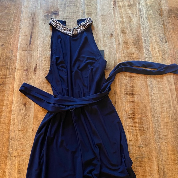 MARINA DRESSES navy blue jumpsuit embellished rhinestones halter belt - Picture 9 of 10